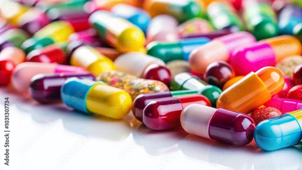 Closeup of Colorful Pills on White Background with Copy Space for Health and Wellness Concepts Closeup of Colorful Pills on White Background with Copy Space for Health and Wellness Concepts