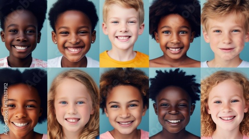 A grid of diverse, smiling children's faces, capturing the essence of joy and diversity in a bright, welcoming style.