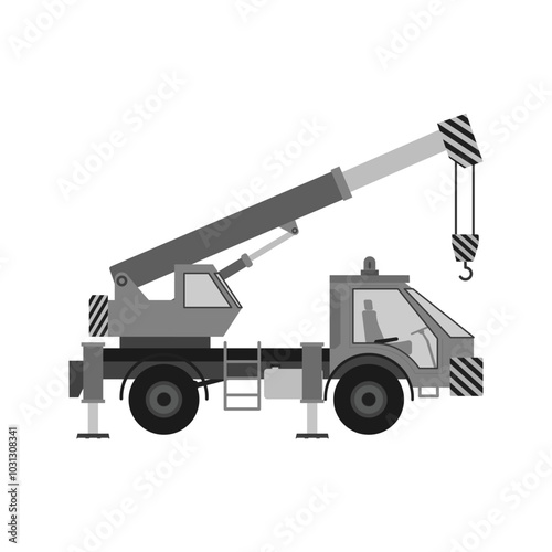 Gray and black crane truck with an extended arm and a hook.