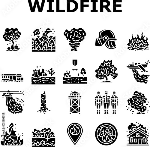 wildfire blaze firestorm burn icons set vector. inferno flames, smoke heat, evacuation forest, ember ash drought, spark wildfire blaze firestorm burn glyph pictogram Illustrations