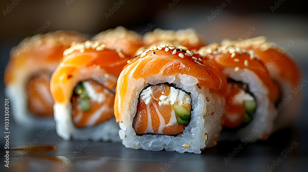 Fresh sushi rolls topped with salmon and sesame seeds. Fresh sushi rolls topped with salmon and sesame seeds.