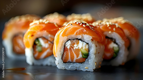 Fresh sushi rolls topped wi...