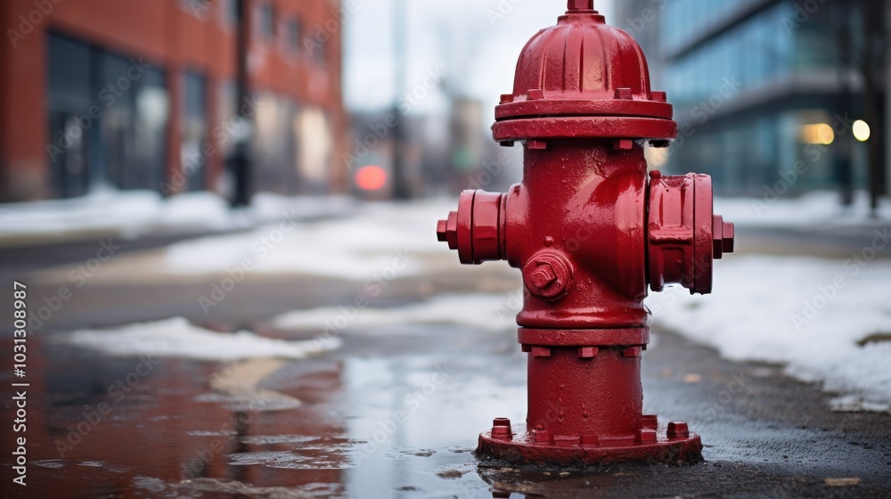 A vibrant red fire hydrant stands in stark contrast against an industrial backdrop, embodying urban safety and resilience.