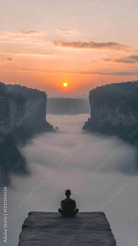 Man meditating on a clifftop as the sun rises over a sea of clouds. Man meditating on a clifftop as the sun rises over a sea of clouds.