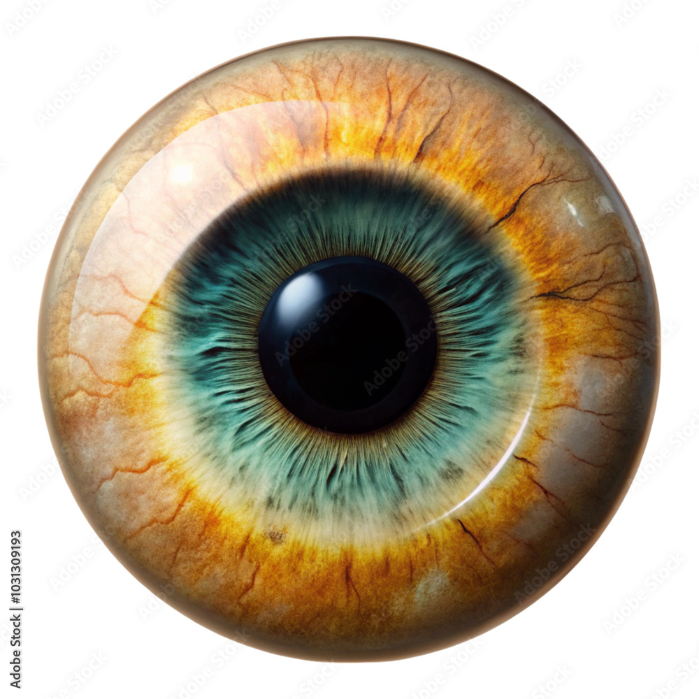 Detailed close-up of a human eye with intricate patterns of the iris and pupil on a white background. Detailed close-up of a human eye with intricate patterns of the iris and pupil on a white background.