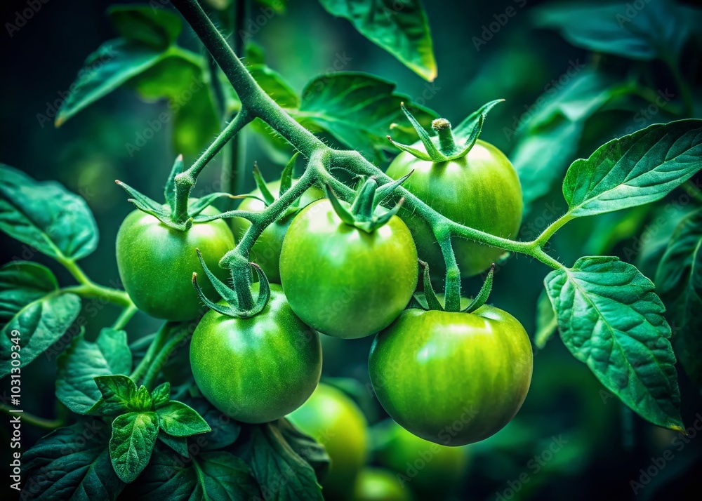 Close-Up of Green Tomatoes on a Branch in a Garden - Low Light Photography Close-Up of Green Tomatoes on a Branch in a Garden - Low Light Photography