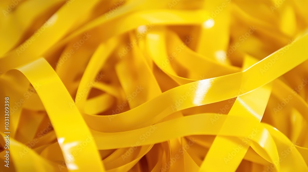 Yellow Spiral Tape Isolated on White Background, Featuring a Twisted and Coiled Structure in Bright Yellow Color. The Tape Forms a Continuous Spiral with a Smooth and Glossy Texture, 
