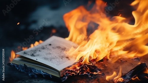 Flames engulf a notebook, its pages curling with embers and smoke, symbolizing transformation and destruction in a captivating fiery scene. photo