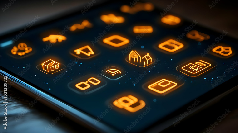A collection of glowing orange icons on a dark interface. A collection of glowing orange icons on a dark interface.