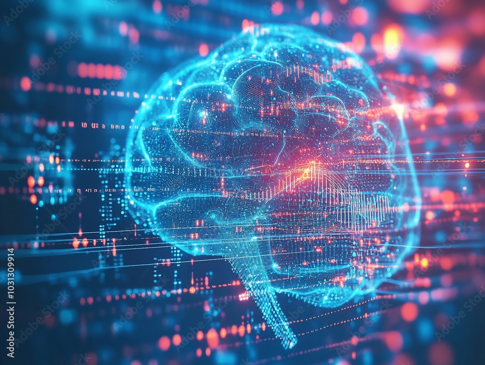 3D digital brain with blue and red binary code in the background.