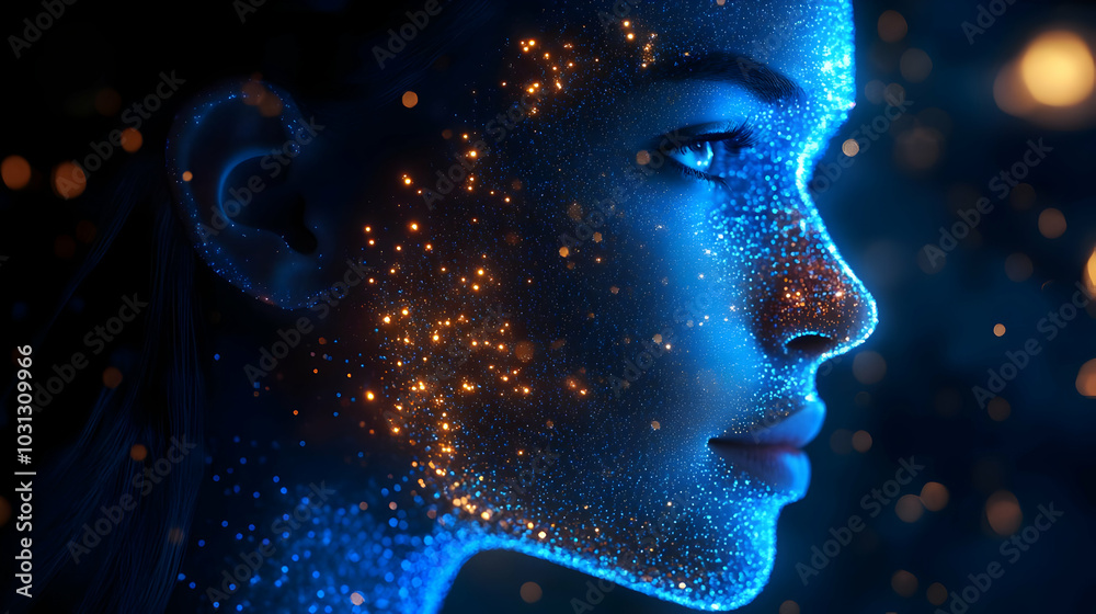 A profile of a woman illuminated by glowing particles. A profile of a woman illuminated by glowing particles.