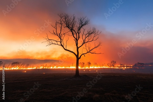 A solitary tree stands against a backdrop of a raging wildfire at dusk.