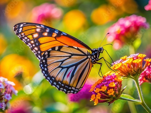 Closeup of Monarch Butterfly Pollinating Flower in High Depth of Field