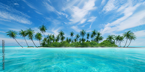 Fototapeta Naklejka Na Ścianę i Meble -  Photography of Breathtaking View of a Tropical Island Paradise and Sea Beach, Luxury Resort with Swaying Palm Trees and Coconut Tree Views. Landscape HD Wallpaper