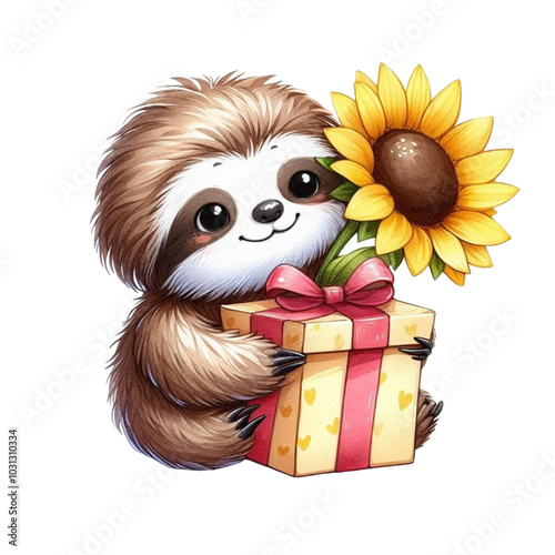 Cute sloth with sunflower  and giftbox clipart watercolor 