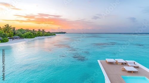 A majestic cruise ship gliding through crystal-clear waters  with a vibrant sunset casting warm hues across the sky. The luxurious deck is visible  showcasing comfortable loungers and inviting pools 