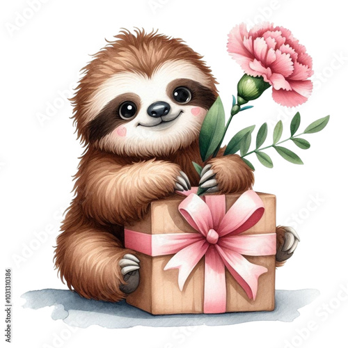 Cute sloth with canation flower  and giftbox clipart watercolor 