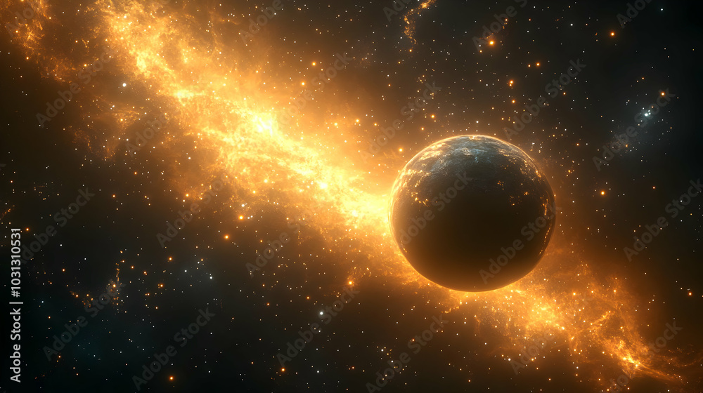 A cosmic scene featuring a glowing planet amidst stellar dust. A cosmic scene featuring a glowing planet amidst stellar dust.
