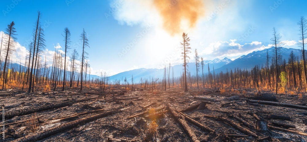 A sunlit landscape reveals the aftermath of a forest fire. A sunlit landscape reveals the aftermath of a forest fire.