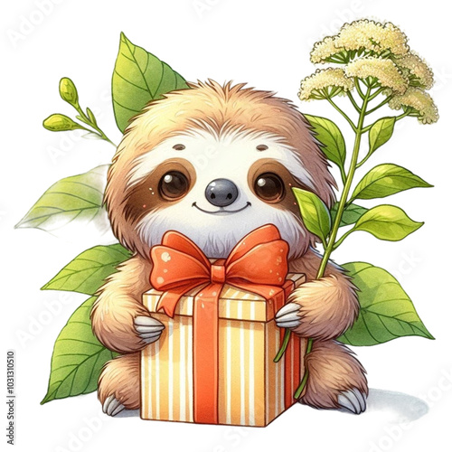 Cute sloth with national flower clipart watercolor 
