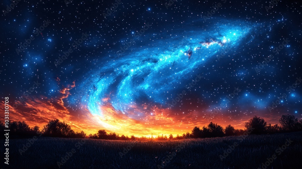 A stunning cosmic scene with a vibrant galaxy over a sunset landscape. A stunning cosmic scene with a vibrant galaxy over a sunset landscape.