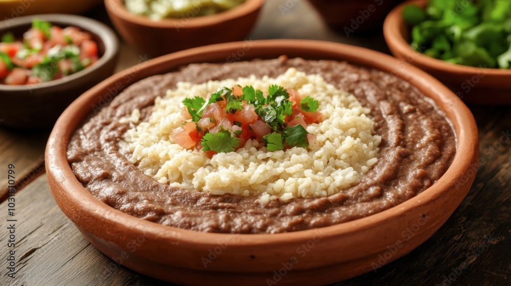 Delicious Plate of Rice and Beans with Fresh Toppings
