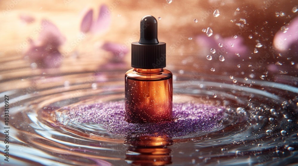 Amber glass bottle with dropper floating on water with purple petals and water drops. Amber glass bottle with dropper floating on water with purple petals and water drops.