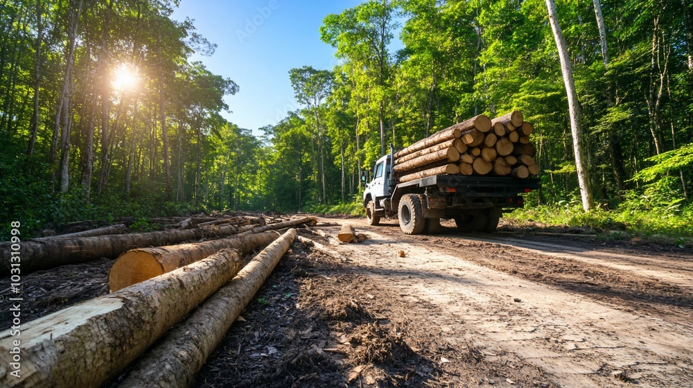 Truck transporting logs through a forest road at sunset. Truck transporting logs through a forest road at sunset.