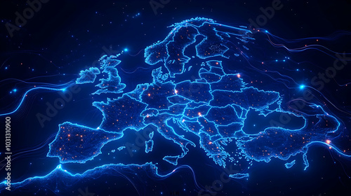 A glowing blue map of Europ...