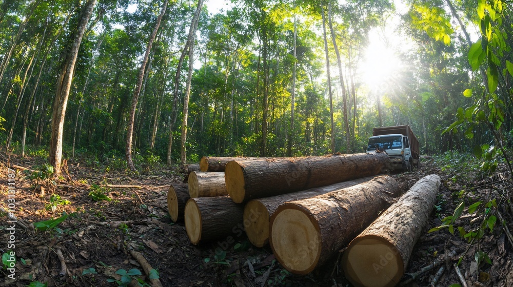 Logs stacked in a forest with a truck for logging operations. Logs stacked in a forest with a truck for logging operations.
