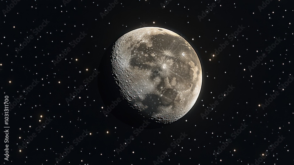 A detailed view of the moon surrounded by stars in space. A detailed view of the moon surrounded by stars in space.