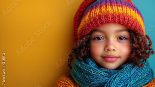 A child in a colorful hat and scarf against a vibrant backdrop.