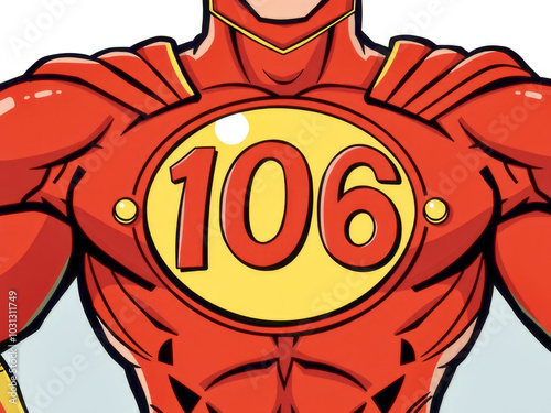 A red and yellow superhero costume with the number 106 on the back. The superhero is wearing a red cape and yellow pants