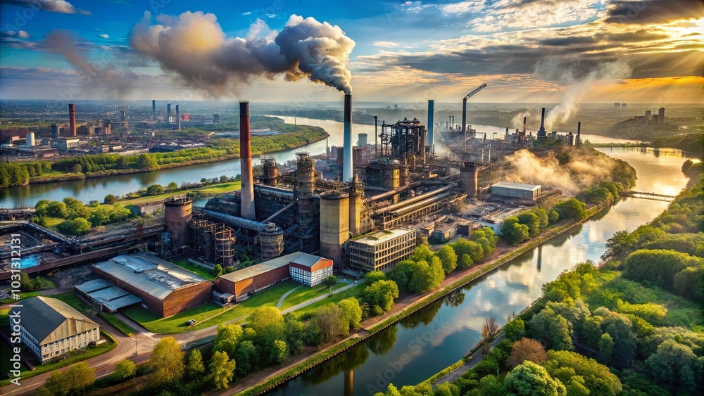 Fototapeta premium A vast industrial complex, shrouded in plumes of smoke, stands tall on a riverbank, surrounded by a vibrant tapestry of green foliage, as the sun bathes the scene in a golden glow.