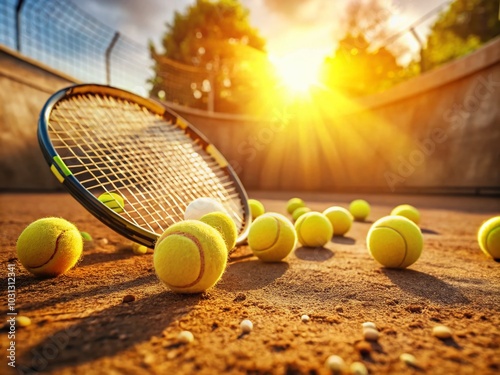 Close-Up of Vibrant Tennis Balls and Racquets on Clay Court Showcasing Game Excitement