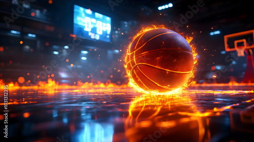A glowing basketball in a d...
