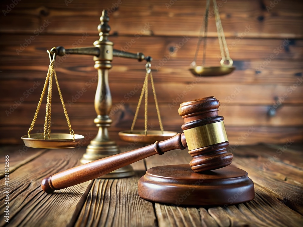 Close-Up of Wooden Gavel and Scales of Justice on a Table for Legal Themes and Courtroom Imagery Close-Up of Wooden Gavel and Scales of Justice on a Table for Legal Themes and Courtroom Imagery