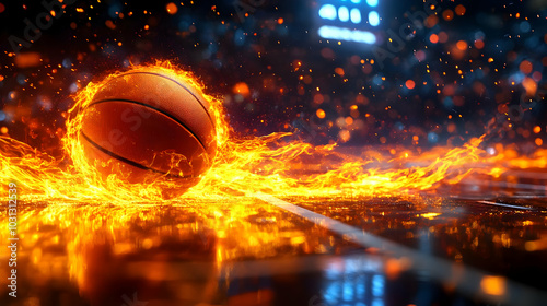 A fiery basketball rolling ...