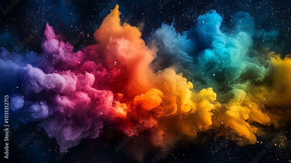 Vibrant Colorful Smoke Clouds Against Dark Background Vibrant Colorful Smoke Clouds Against Dark Background