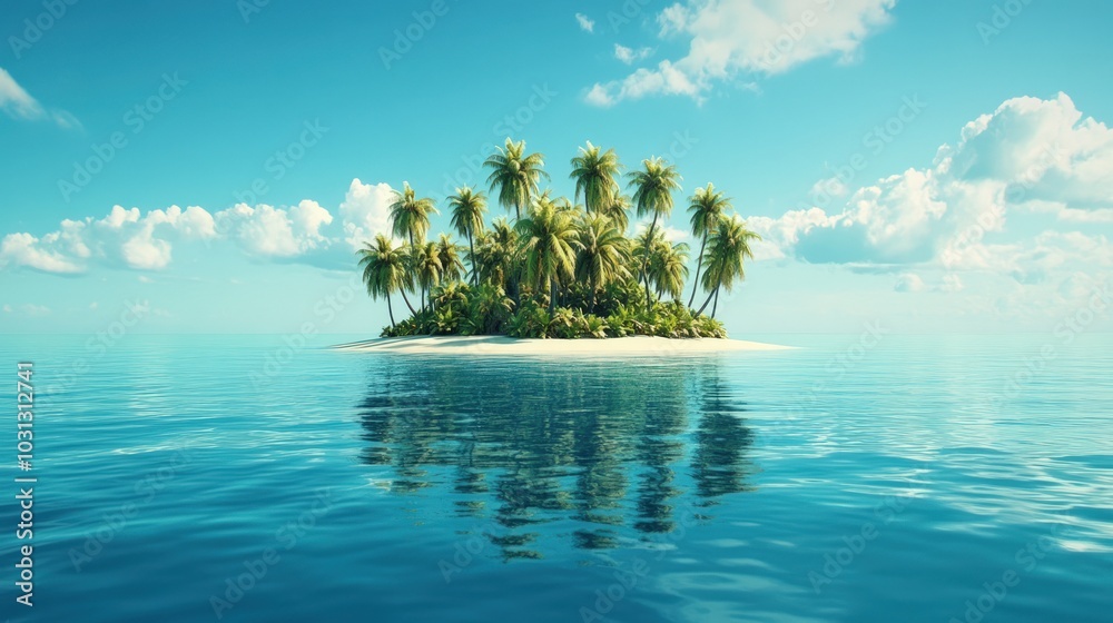 Obraz premium A small, tropical island with palm trees emerges from the turquoise ocean under a bright blue sky with puffy white clouds.