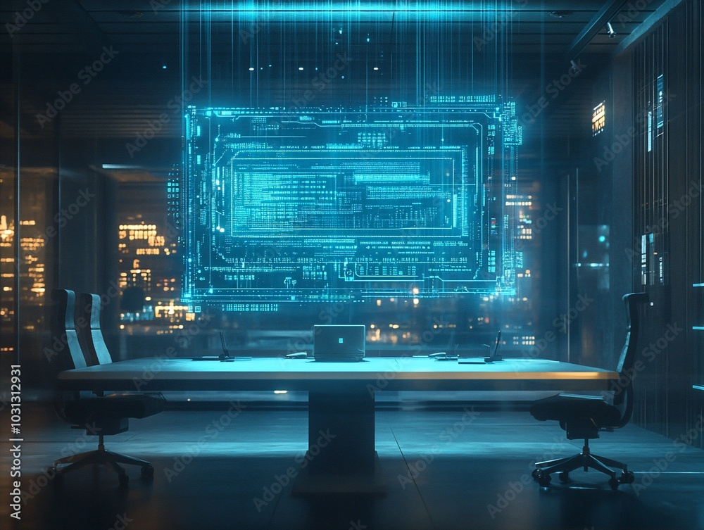 A futuristic office conference room with a holographic display of a circuit board over a long table with four chairs. A futuristic office conference room with a holographic display of a circuit board over a long table with four chairs.