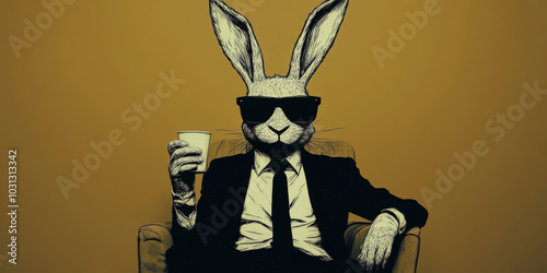 A rabbit wearing a suit and sunglasses enjoys a cup of coffee while sitting in a chair.