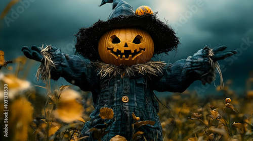 A spooky scarecrow with a p...
