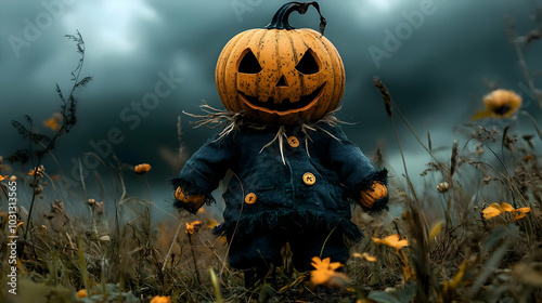 A whimsical scarecrow with ...