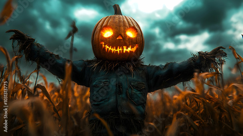 A spooky scarecrow with a g...