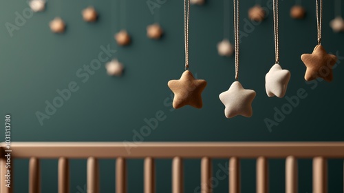 Hanging stars decorate a cozy nursery above a soft wooden crib, set against a calm green backdrop. Nursery Christmas Decor Concept photo