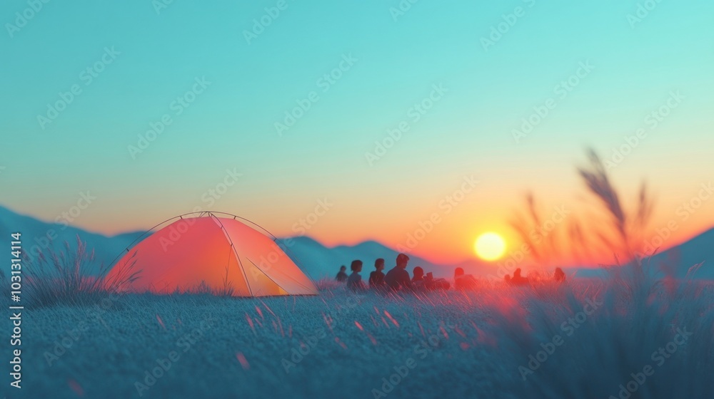 Camping tent some people sitting in front of camping tent with flowers blooming around them pastel colors, mountains under bright blue sky Camping tent some people sitting in front of camping tent with flowers blooming around them pastel colors, mountains under bright blue sky