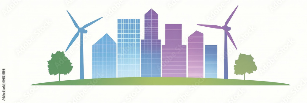 A cityscape with wind turbines and trees, representing sustainable energy. A cityscape with wind turbines and trees, representing sustainable energy.
