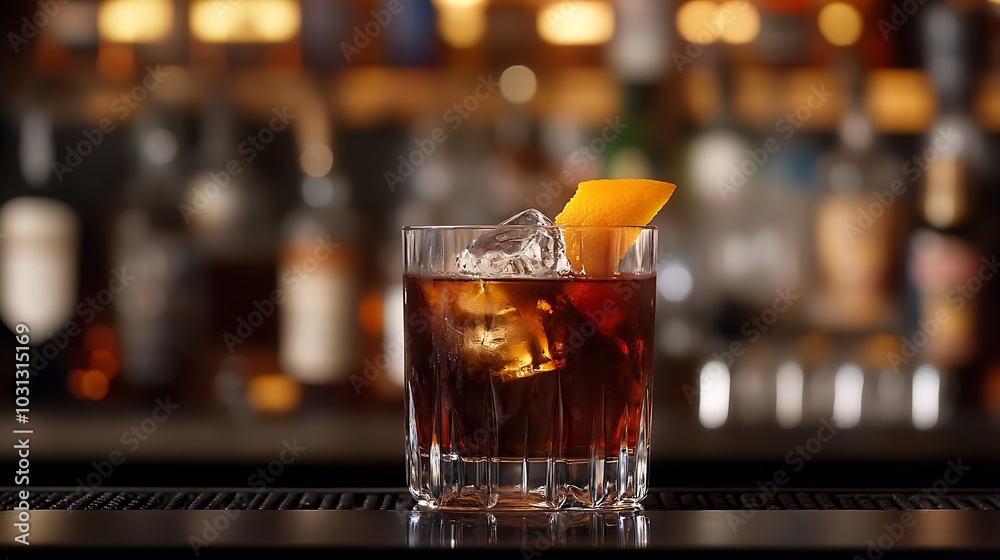 Old Fashioned Cocktail with Orange Garnish Old Fashioned Cocktail with Orange Garnish