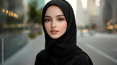 A portrait of a woman in a black hijab against a city backdrop.